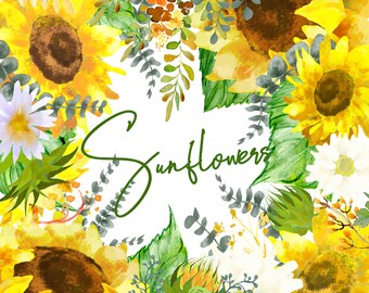 Sunflower Watercolor Clipart, Elements - Eucalyptus, Daisies, Sunflowers, Leaves, Branches - Marigold, Gray, Yellow, Orange, Green, PNG