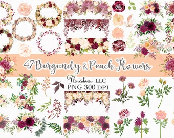 47 Burgundy and Peach Flowers PNG, Watercolor Floral Clipart Bundle Includes Bouquets, Wreaths, Drops and Elements, Small Commercial Use