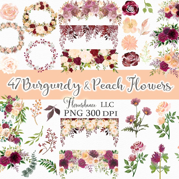 47 Burgundy and Peach Flowers PNG, Watercolor Floral Clipart Bundle Includes Bouquets, Wreaths, Drops and Elements, Small Commercial Use