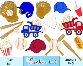 Baseball PNG Clipart Set - Baseball and Bat, Clip Art Bats and Ball, Cap, Mitt, Snacks, Digital Download. Small Commercial Use, Softball