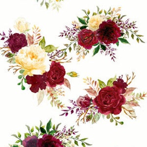 Burgundy and Gold watercolor clipart, burgundy flower clipart bouquets, marsala, gold, rose, wine, bordo, bordeaux, gold peony, yellow image 2