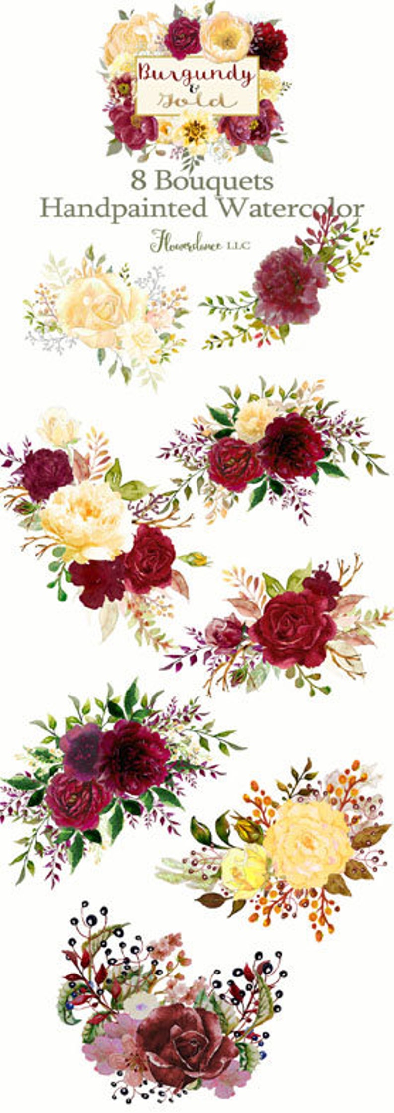 Burgundy and Gold watercolor clipart, burgundy flower clipart bouquets, marsala, gold, rose, wine, bordo, bordeaux, gold peony, yellow image 2