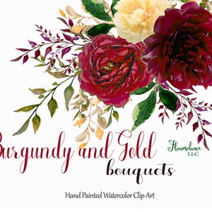 Burgundy and Gold watercolor clipart, burgundy flower clipart bouquets, marsala, gold, rose, wine, bordo, bordeaux, gold peony, yellow image 4