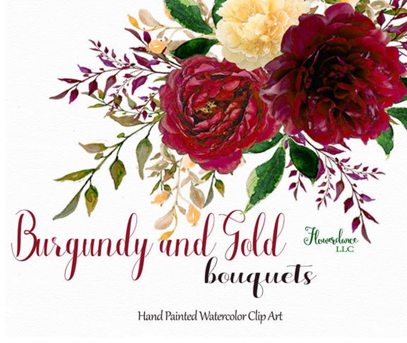 Burgundy and Gold watercolor clipart, burgundy flower clipart bouquets, marsala, gold, rose, wine, bordo, bordeaux, gold peony, yellow image 4