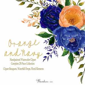 Orange and Navy Watercolor Clipart, Sapphire, Rose, Peony, Elements, Bouquet Arrangements, Drop Headers, Blue, Transparent PNG, Hand Painted