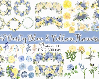 47 Dusty Blue and Yellow Flowers PNG, Watercolor Floral Clipart Bundle - Bouquets, Wreaths, Drops, Elements, Small Commercial Use