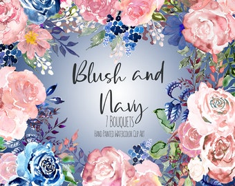 Blue and Pink Watercolor Roses Bouquet Clipart - Navy, Blush - Wedding Invitation Design, Commercial Use