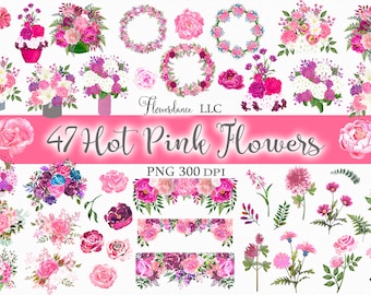 47 Hot Pink Flowers PNG, Watercolor Floral Clipart Bundle Includes Bouquets, Wreaths, Drops, Stems and Elements, Small Commercial Use