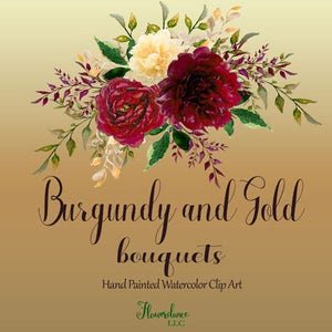 Burgundy and Gold watercolor clipart, burgundy flower clipart bouquets, marsala, gold, rose, wine, bordo, bordeaux, gold peony, yellow image 3