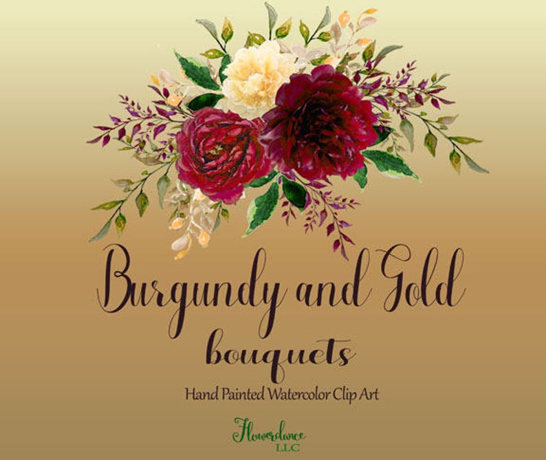 Burgundy and Gold watercolor clipart, burgundy flower clipart bouquets, marsala, gold, rose, wine, bordo, bordeaux, gold peony, yellow image 3