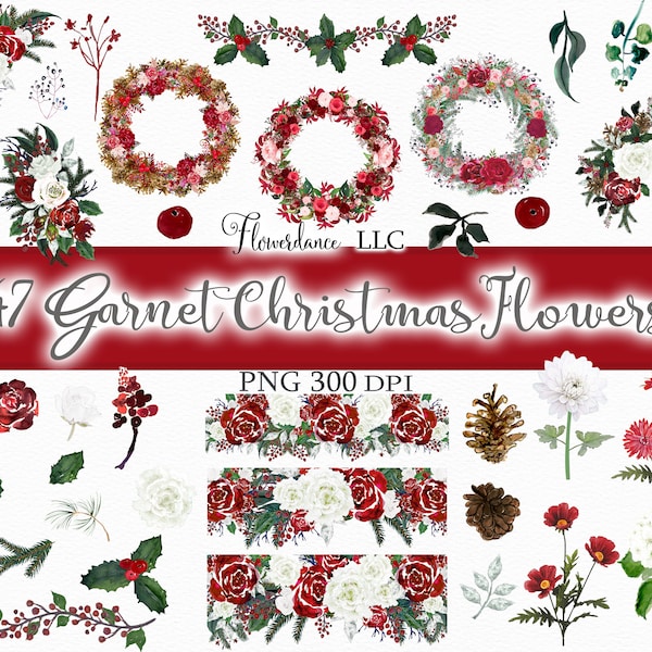 47  Garnet Christmas Flowers,  Red, Burgundy, Green, White, Watercolor Floral Clipart PNG Bundle - Has Bouquets, Wreaths, Drops and Elements