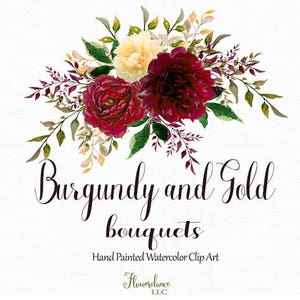 Burgundy and Gold watercolor clipart, burgundy flower clipart bouquets, marsala, gold, rose, wine, bordo, bordeaux, gold peony, yellow image 1