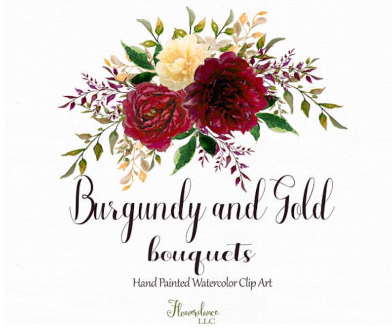 Burgundy and Gold watercolor clipart, burgundy flower clipart bouquets, marsala, gold, rose, wine, bordo, bordeaux, gold peony, yellow image 1