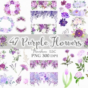 Purple Flowers PNG, Watercolor Floral Clipart Bundle of 47,  Includes Bouquets, Wreaths, Drops and Elements, Small Commercial Use