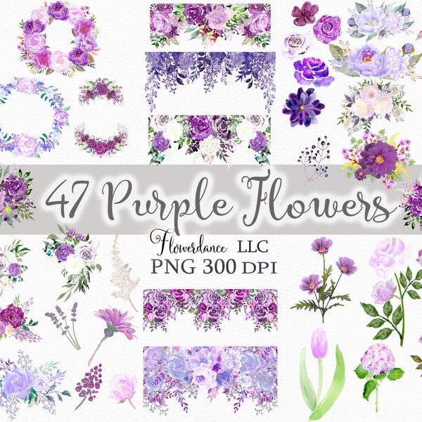 Purple Flowers PNG, Watercolor Floral Clipart Bundle of 47,  Includes Bouquets, Wreaths, Drops and Elements, Small Commercial Use