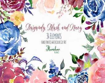 Watercolor Floral Clipart, Burgundy, Blush Pink, Navy Blue, Sapphire, Peach, Indigo, Wedding Invitation. PNG
