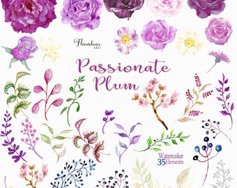Watercolor Flower Clipart Elements, Purple, Amethyst, Violet, Lavender, Plum - Roses, Cherry Blossom, Lilacs - Floral Wedding, PNG