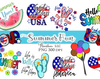 Summer Fun PNG Clipart in Patriotic Colors,  Red, White, Blue, Rainbow Colors, Watercolor Clipart PNG Bundle - Sayings, Phrases, Sublimation