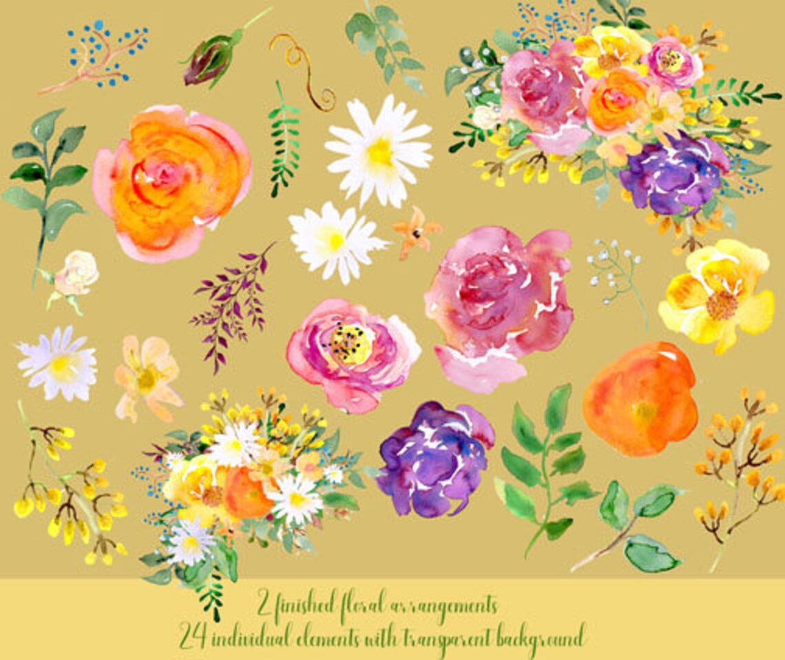 Wildflower Watercolor Clipart Elements and Bouquets With Roses Etsy