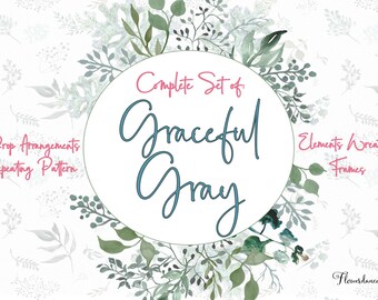 Watercolor Greenery Clipart - Leaves, Branches, Wreaths, Drop Arrangements, Borders, Frames, Elements, Repeating Pattern - Transparent PNG