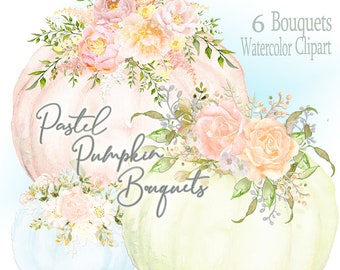 Pastel Pumpkins Watercolor Clipart - Floral Bouquet Arrangements - White, Pink, Peach, Yellow, Mint, Gold - Fall, Thanksgiving, Halloween