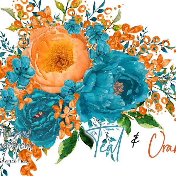 Teal and Orange Watercolor Peony Clipart Bouquet - One Arrangement Hand Painted - PNG for Wedding Invite - Commercial Use