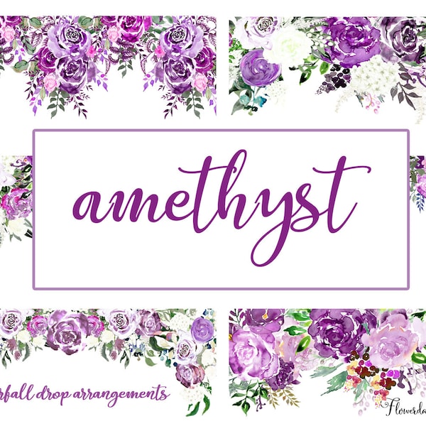 Amethyst Purple Drop Arrangement Watercolor Clipart of Roses and Hydrangeas in Plum, Ivory, Cream, Violet, Lilac, Lavender, Orchid, Mauve