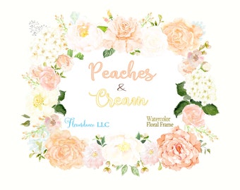Floral Frame in Peach and Cream, Roses, Hydrangeas, Peonies, Landscape Orientation, Hand Painted in Watercolor