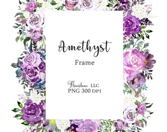 Amethyst Purple Floral Frame, Portrait Orientation, Hand Painted in Watercolor, Plum, Ivory, Cream, Violet, Lilac, Lavender, Mauve