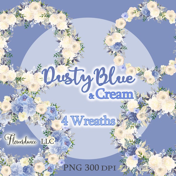 Dusty Blue and Cream Watercolor Wreaths Clipart for Wedding Invitation, PNG, 300 DPI, Small Commercial Use