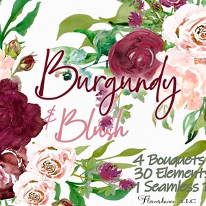 Watercolor Rose Flower Clipart, Burgundy, Blush - Bouquet Arrangements, Elements, Seamless Pattern - Greenery