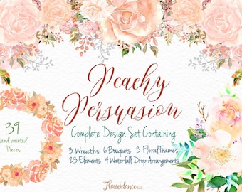 Peach Rose Watercolor, Clipart Set, Blush, Apricot - Floral Bouquet Arrangements, Elements, Wreaths, Drop Arrangements - Transparent PNG