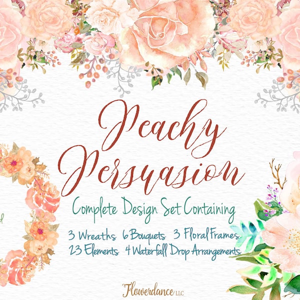 Peach Rose Watercolor, Clipart Set, Blush, Apricot - Floral Bouquet Arrangements, Elements, Wreaths, Drop Arrangements - Transparent PNG