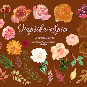Paprika Watercolor Floral Elements Clipart of Roses in Gold, Pink, Spice, Orange, Peach, Rust, Cream, Ivory, Apricot. Transparent PNG