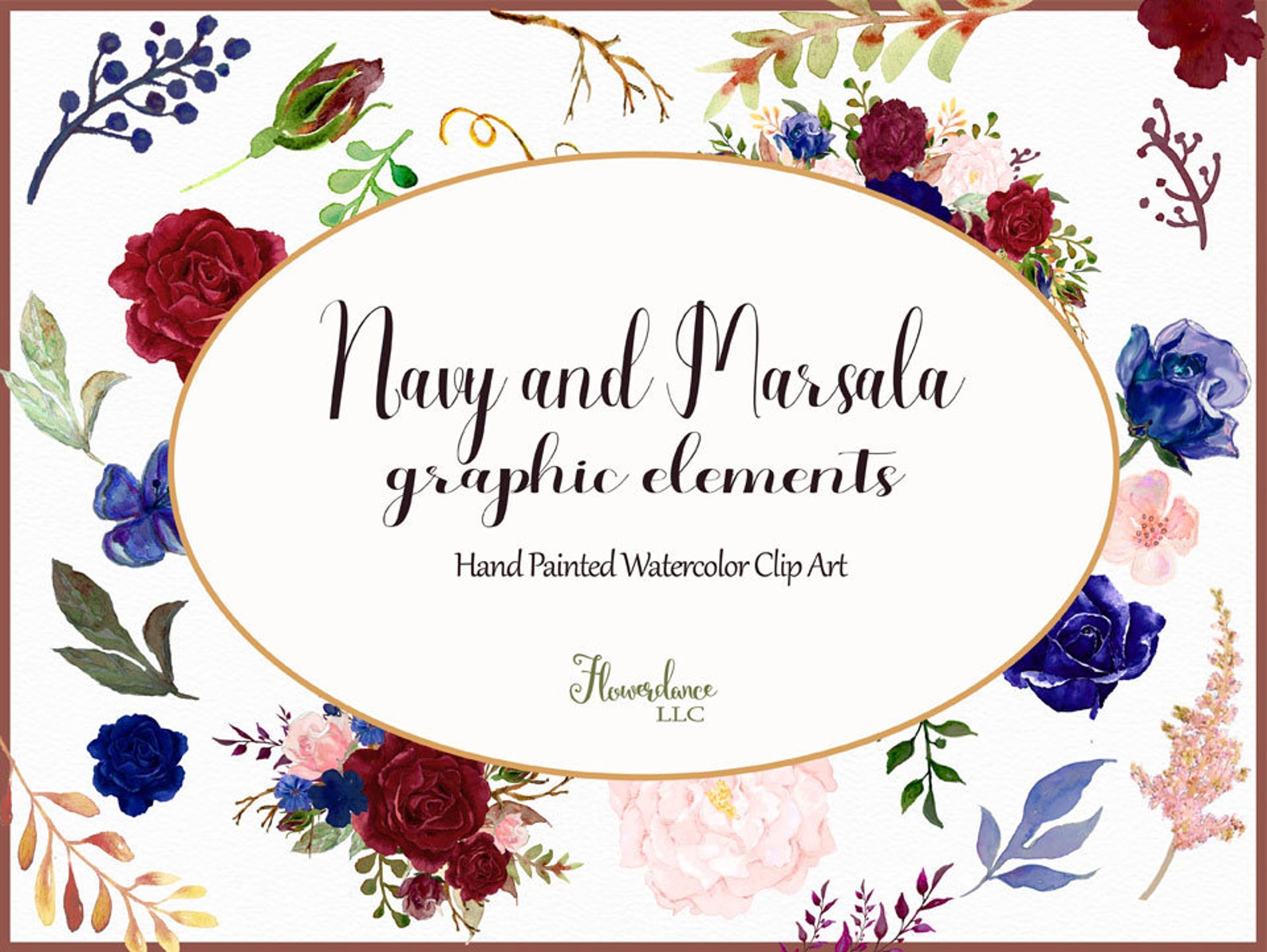 Marsala Erröten und Marine Aquarell Blumen Rosen Clipart mit | Etsy