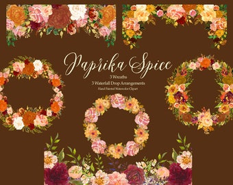 Paprika Spice Watercolor floral Drop Arrangement and Wreath Clipart has Roses and flowers in orange, spice, peach, pink, rust, ivory, salmon