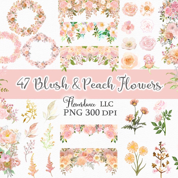 47 Blush and Peach Flowers PNG, Watercolor Floral Clipart Bundle Includes Bouquets, Wreaths, Drops and Elements, Small Commercial Use