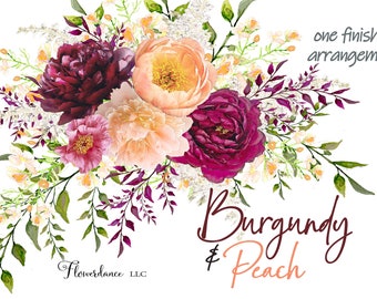 Burgundy and Peach Peony Watercolor Clipart Bouquet - One Arrangement Hand Painted - PNG for Wedding Invite - Commercial Use