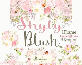 Blush flower clipart roses watercolor clip art dusty pink peony clipart pale pink sage rose cream ivory green frame drop arrangement bouquet