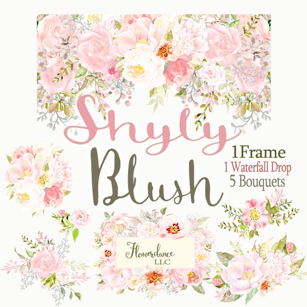 Blush flower clipart roses watercolor clip art dusty pink peony clipart pale pink sage rose cream ivory green frame drop arrangement bouquet