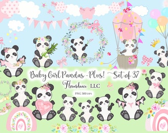 Baby Girl Panda PNG Clipart Set - Bears, Rainbows, Floral Bouquets, Digital Download. Small Commercial Use