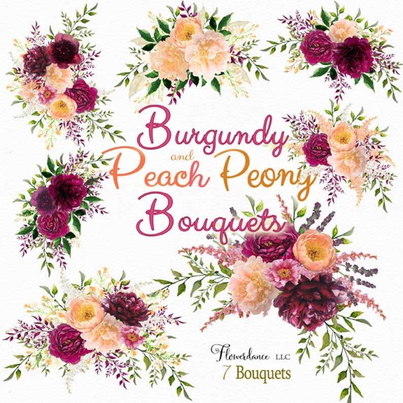 Burgundy and Peach Watercolor Peony Bouquet Arrangement Clipart image 1