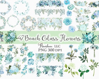 47 Beach Glass Flowers PNG, Watercolor Floral Clipart Bundle Includes Bouquets, Wreaths, Drops and Elements, Small Commercial Use