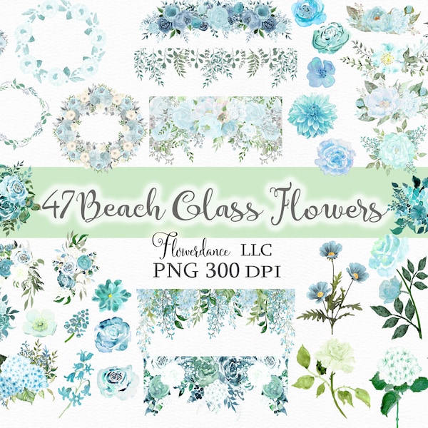 47 Beach Glass Flowers PNG, Watercolor Floral Clipart Bundle Includes Bouquets, Wreaths, Drops and Elements, Small Commercial Use