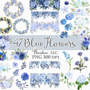 Blue Flowers PNG,  Watercolor Floral Clipart Bundle of 47, Includes Bouquets, Wreaths, Drops and Elements, Small Commercial Use