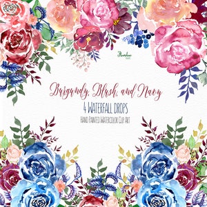 Burgundy, Blush, Pink, Navy, Floral Watercolor Clipart Drop Header Arrangements