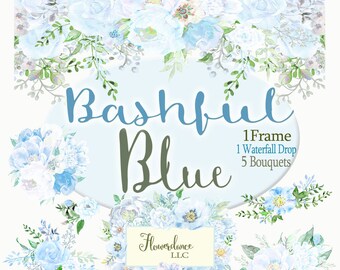 Blue Floral Watercolor Clipart, Roses, Peonies, Dusty Blue, Baby Blue, Greenery, Border, Bouquets, Drop Arrangement