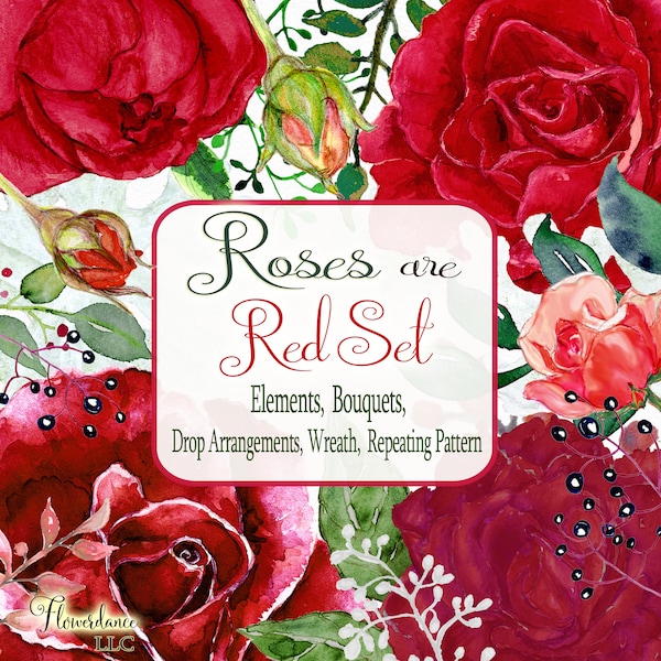 Red Rose Watercolor Clipart Set - Crimson, Scarlet, Emerald - Elements, Bouquets, Wreath, Drops, Repeating Pattern - Transparent Printable