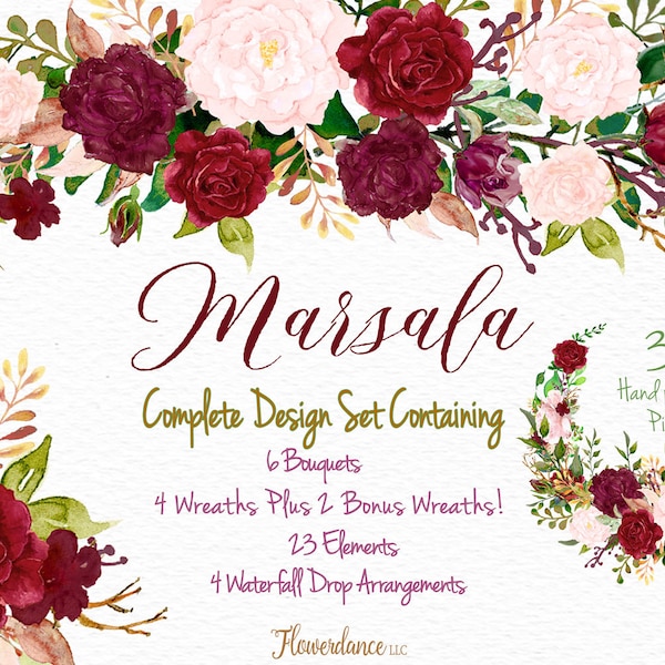 Marsala and Blush Watercolor Clipart Bundle for Weddings