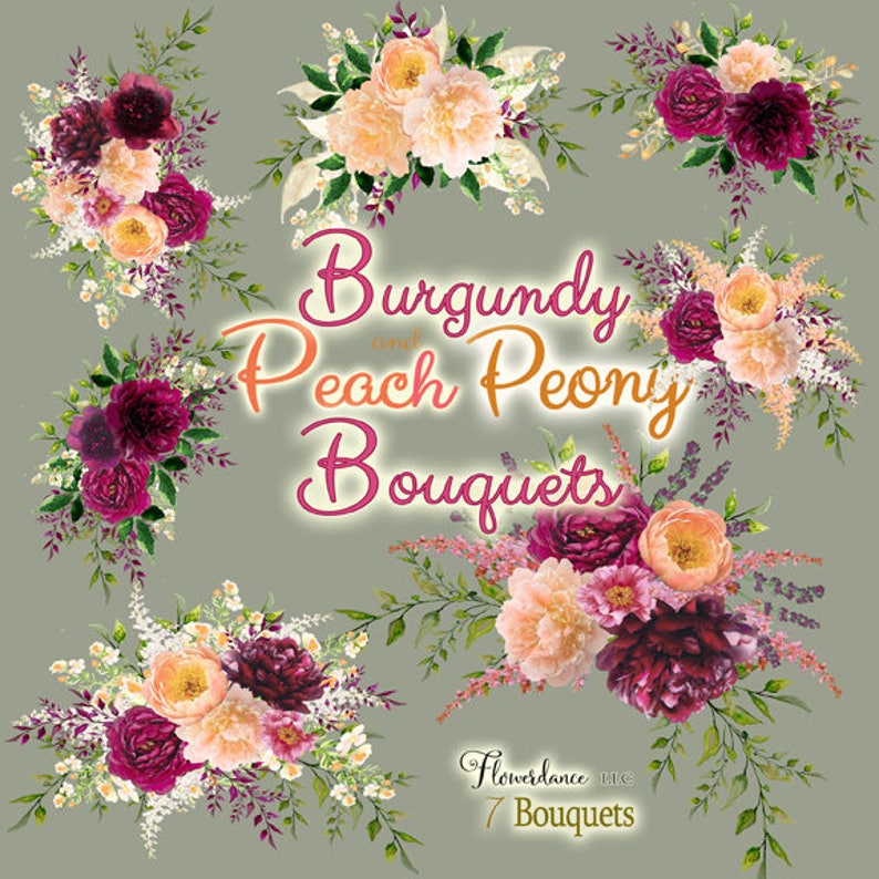 Burgundy and Peach Watercolor Peony Bouquet Arrangement Clipart image 4